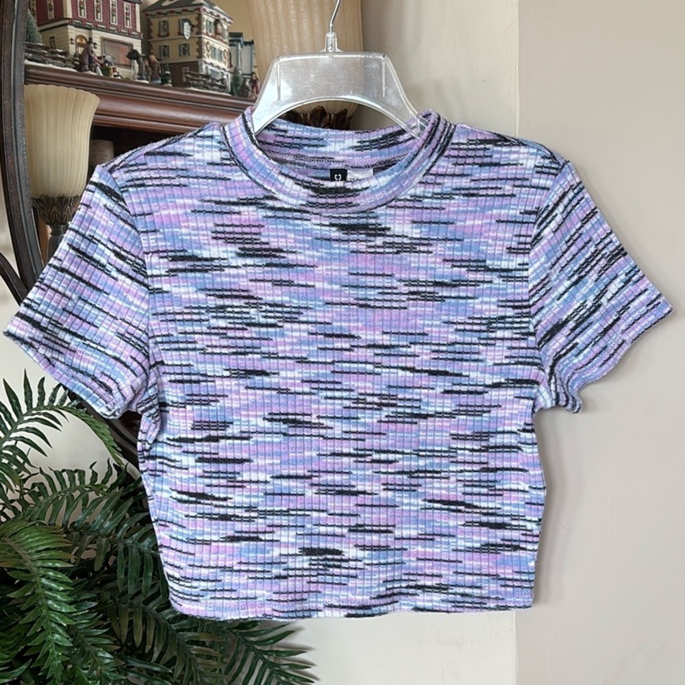 H&M Divided Crop Top Short Sleeve Ribbed Knit Stretch Crew Neck 90's Y2K Marled